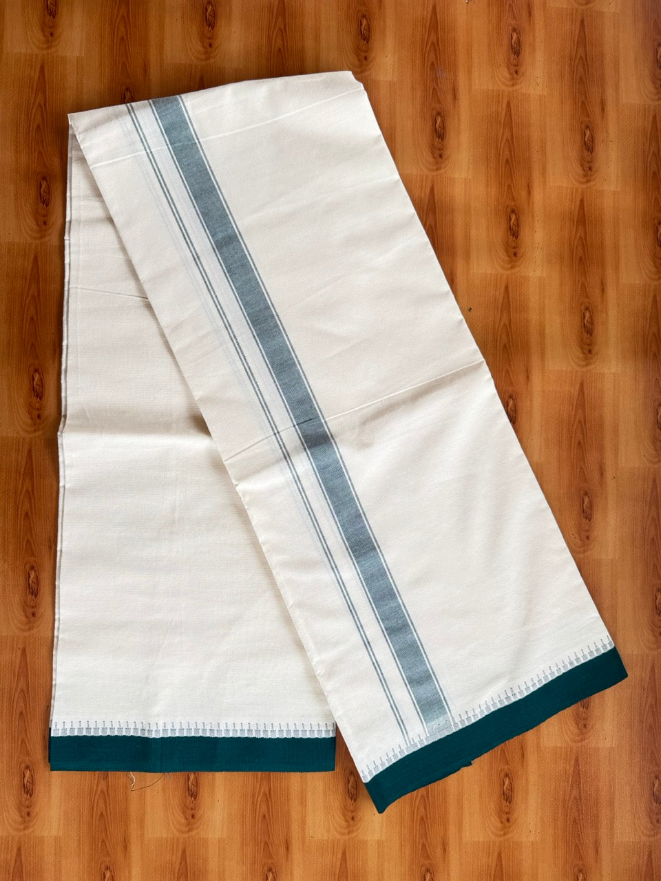 Single Off White Mund / Dhoti - Pure Combed Cotton Kaitharikada Pulimood Special - 2/40s Twisted Warp x 20s Weft - 1 inch Dark Green Striped Kara Off White Body Kuppadam Border (2 meter / 4 muzham) - 2 KK8095 MRH