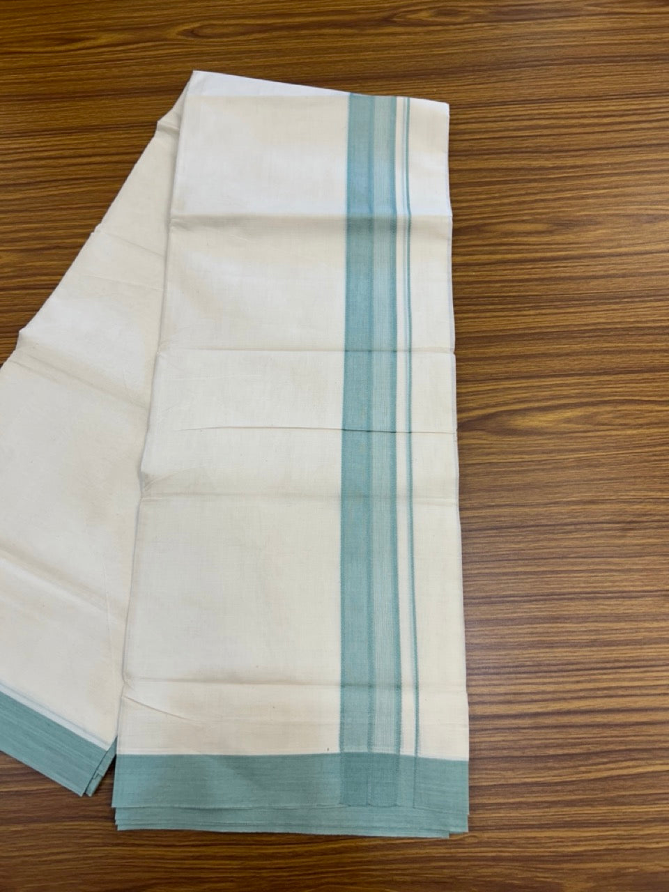 20% Discount! KaithariKada Balaramapuram 100%  Cotton Off White Double - (Unbleached) Mundu/Dhoti - 100X80 - 1.5 inch Pastel Green Shaded Striped Kara - 4 Mtr (8.5 Muzham) - 105 KK5294 THI
