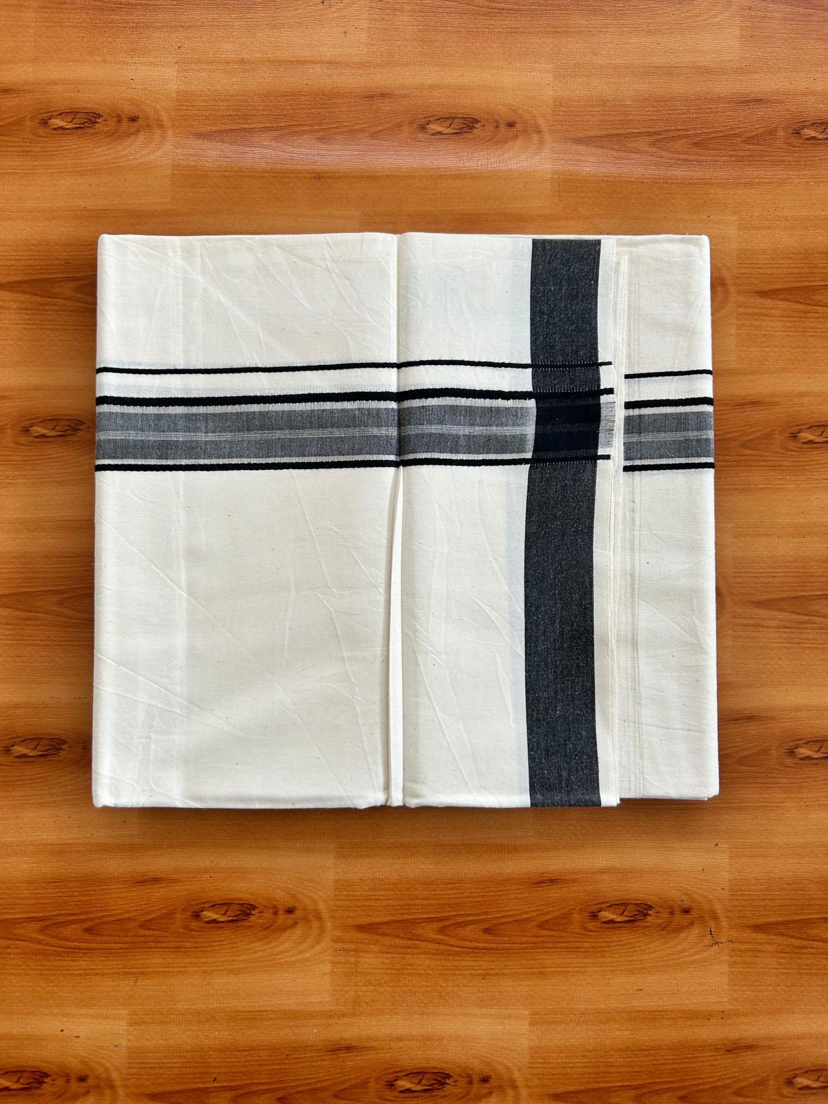 Single Off White (Unbleached) Mundu/Dhoti - 36% DISCOUNT!! KaithariKada Balaramapuram 100% Cotton - Twisted 60s Thread - 1.25 inch Silver Kasav Black Shaded Striped Kara (2 meter / 4 muzham) - 28 KK5495 GL