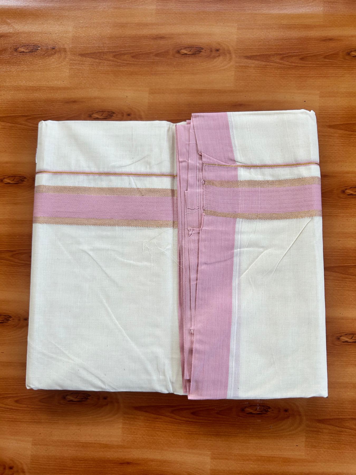 Double Off White (Unbleached) Mundu/Dhoti - 20% Discount! Kaitharikada Pure Cotton - 80x80 - 1.5 Inch Gold Kasav & Pink Kara 4 mtr (8.5 muzham) - 12 KK5478 MRH