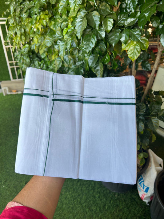 20% Discount! KaithariKada Balaramapuram 100% Cotton Double Pure white Mundu/Dhoti- 100X80 - 0.25 inch Dark Green Kara - Between3.80-3.95m (8 muzham) - 42 KK5355 CKS