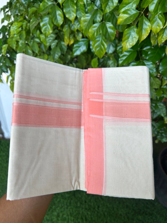 NEW !! 20% DISCOUNT!! KaithariKada Balaramapuram 100% Cotton Double Off white - (Unbleached) Mundu/Dhoti-100x80 - 1.5 inch Peach Shaded Striped KARA - 3.75 mtr (8 Muzham) - 2KK5218 ASH