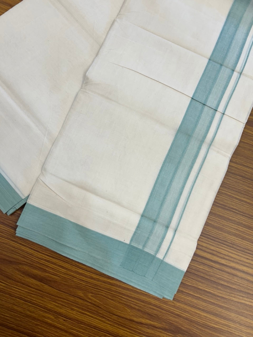20% Discount! KaithariKada Balaramapuram 100%  Cotton Off White Double - (Unbleached) Mundu/Dhoti - 100X80 - 1.5 inch Pastel Green Shaded Striped Kara - 4 Mtr (8.5 Muzham) - 105 KK5294 THI