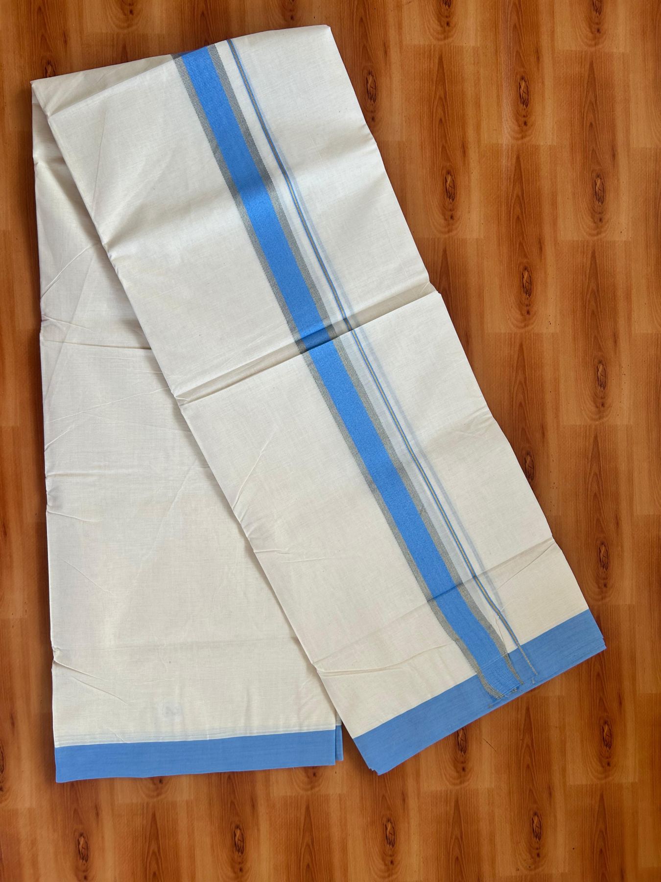 Double Off White (Unbleached) Mundu/Dhoti - 20% Discount! Kaitharikada Pure Cotton - 80x80 - 1.5 Inch Gold Kasav & Blue Kara 4 mtr (8.5 muzham) - 13 KK5478 MRH