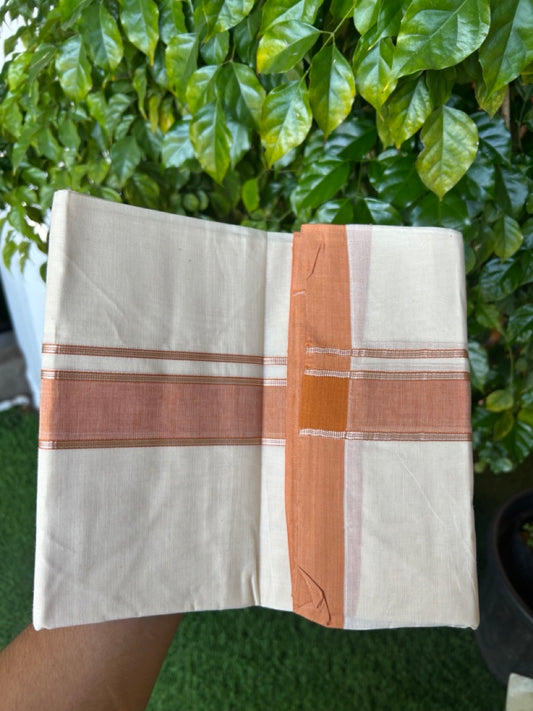 NEW !! 20% DISCOUNT!! KaithariKada Balaramapuram 100% Cotton Double Off white - (Unbleached) Mundu/Dhoti-100x80 - 1.5 inch Silver Kasavu & Light Orange Shaded Striped KARA - 3.75 mtr (8 Muzham) - 20KK5218 ASH