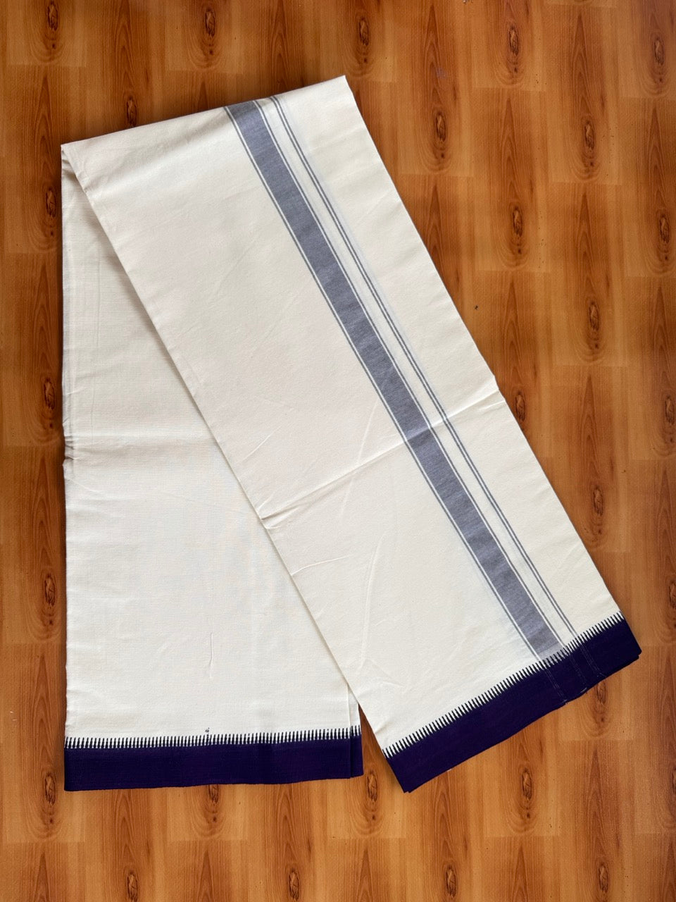 Single Off White Mund / Dhoti - Pure Combed Cotton Kaitharikada Pulimood Special - 2/40s Twisted Warp x 20s Weft - 1 inch Dark Purple Striped Kara Off White Body Kuppadam Border (2 meter / 4 muzham) - 3 KK8095 MRH