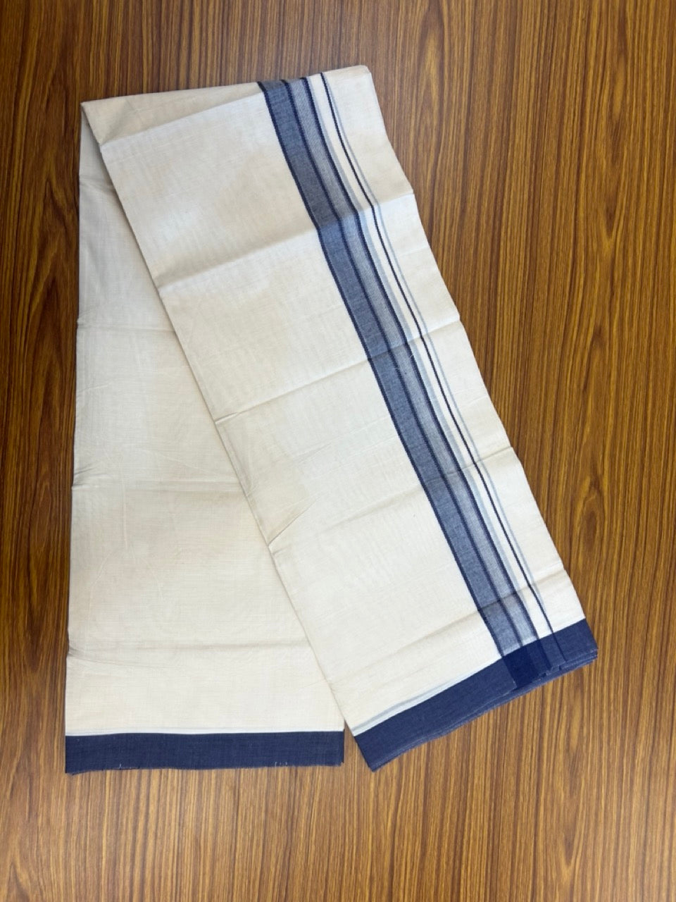 20% Discount! KaithariKada Balaramapuram 100%  Cotton Off White Double - (Unbleached) Mundu/Dhoti - 100X80 - 1.5 inch Navy Blue Shaded Striped Kara - 4 Mtr (8.5 Muzham) - 103 KK5294 THI