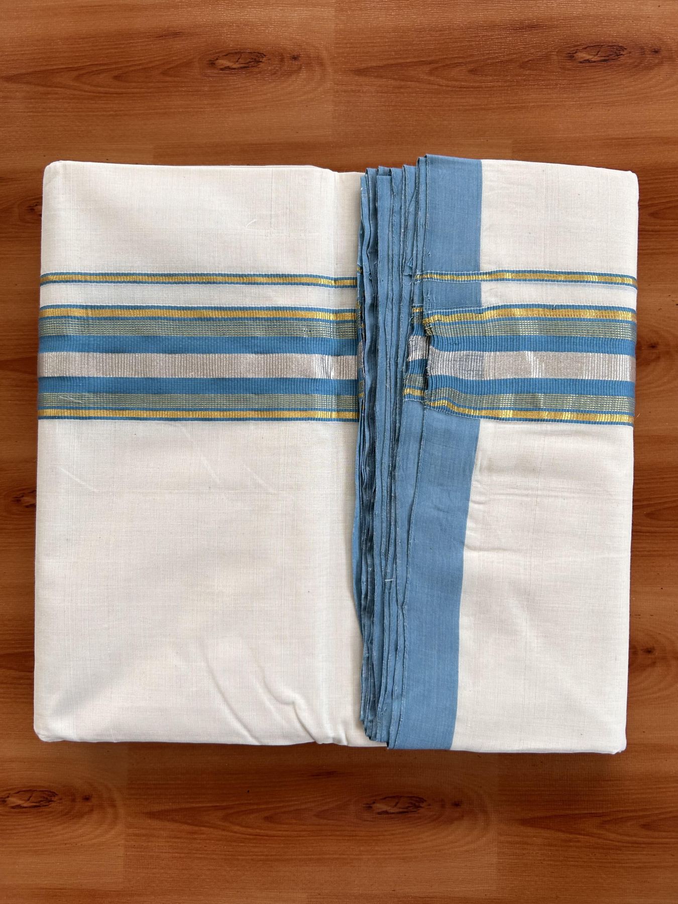 Double Off White (Unbleached) Mundu/Dhoti - 25% Discount! KaithariKada Handloom Millpaav - Kerala Handloom - Cotton - 80x90 - 2 inch Gold & Silver Kasav Striped & Sky Blue Kara 4 meter (8.5 Muzham) - 6 KK5430 RAM