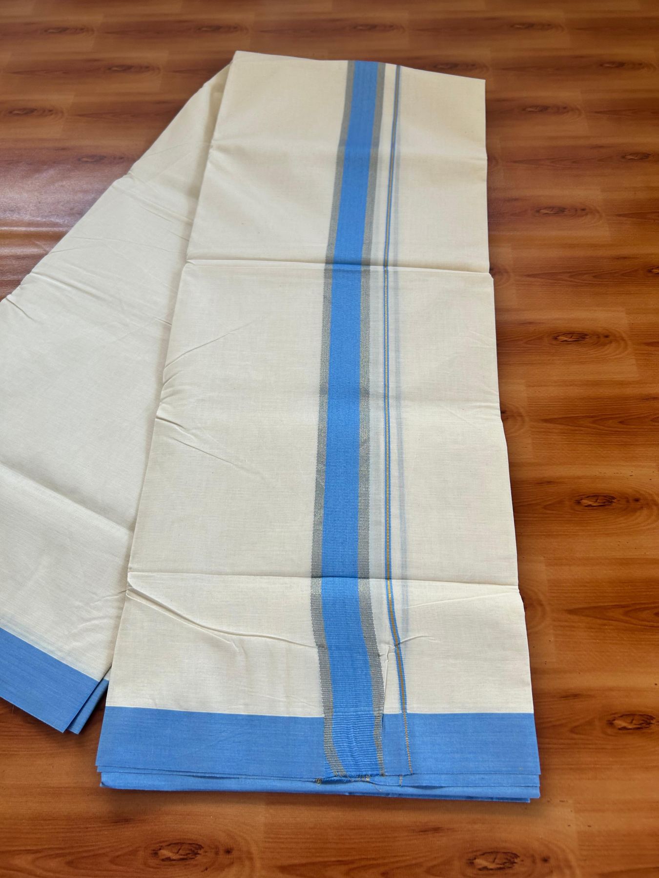 Double Off White (Unbleached) Mundu/Dhoti - 20% Discount! Kaitharikada Pure Cotton - 80x80 - 1.5 Inch Gold Kasav & Blue Kara 4 mtr (8.5 muzham) - 13 KK5478 MRH