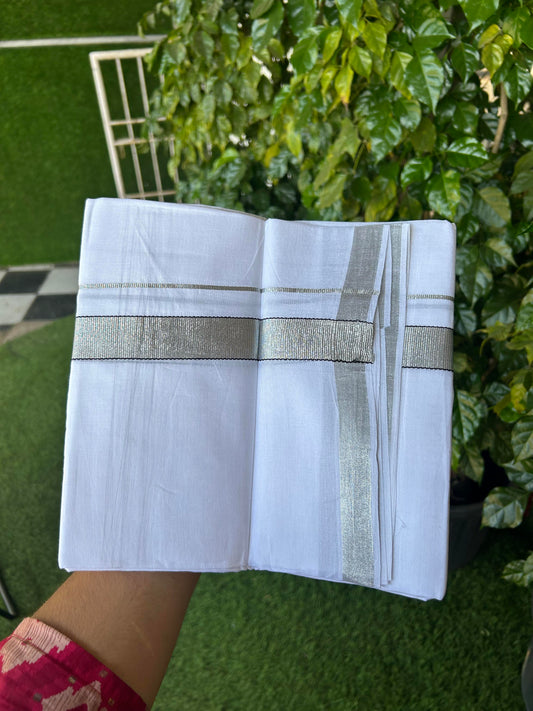 20% Discount! KaithariKada Balaramapuram 100% Cotton Double Pure white Mundu/Dhoti- 80s - 1 inch Silver Kasav & Black Kara - Between3.80-3.95m ( 8 muzham) - 5 KK5355 CKS