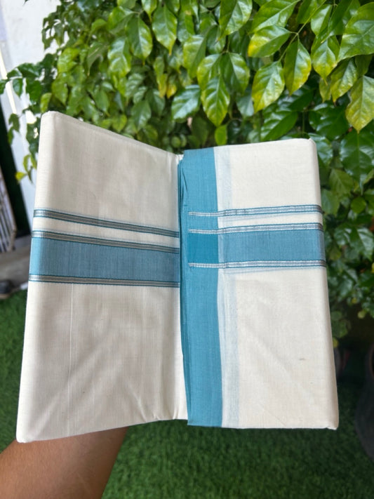 NEW !! 20% DISCOUNT!! KaithariKada Balaramapuram 100% Cotton Double Off white - (Unbleached) Mundu/Dhoti-100x80 - 1.5 inch Silver Kasavu & Teal Blue Shaded Striped KARA - 3.75 mtr (8 Muzham) - 16KK5218 ASH