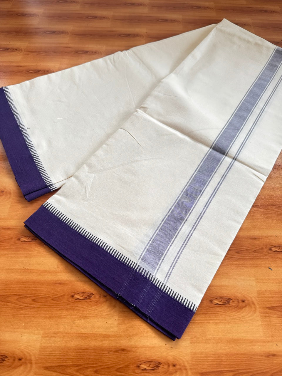 Single Off White Mund / Dhoti - Pure Combed Cotton Kaitharikada Pulimood Special - 2/40s Twisted Warp x 20s Weft - 1 inch Dark Purple Striped Kara Off White Body Kuppadam Border (2 meter / 4 muzham) - 3 KK8095 MRH