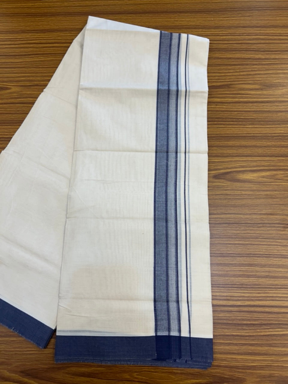 20% Discount! KaithariKada Balaramapuram 100%  Cotton Off White Double - (Unbleached) Mundu/Dhoti - 100X80 - 1.5 inch Navy Blue Shaded Striped Kara - 4 Mtr (8.5 Muzham) - 103 KK5294 THI