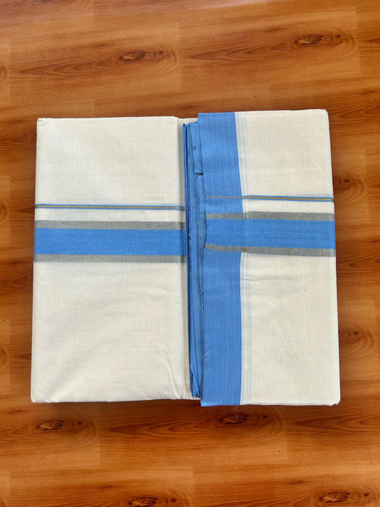 Double Off White (Unbleached) Mundu/Dhoti - 20% Discount! Kaitharikada Pure Cotton - 80x80 - 1.5 Inch Gold Kasav & Blue Kara 4 mtr (8.5 muzham) - 13 KK5478 MRH