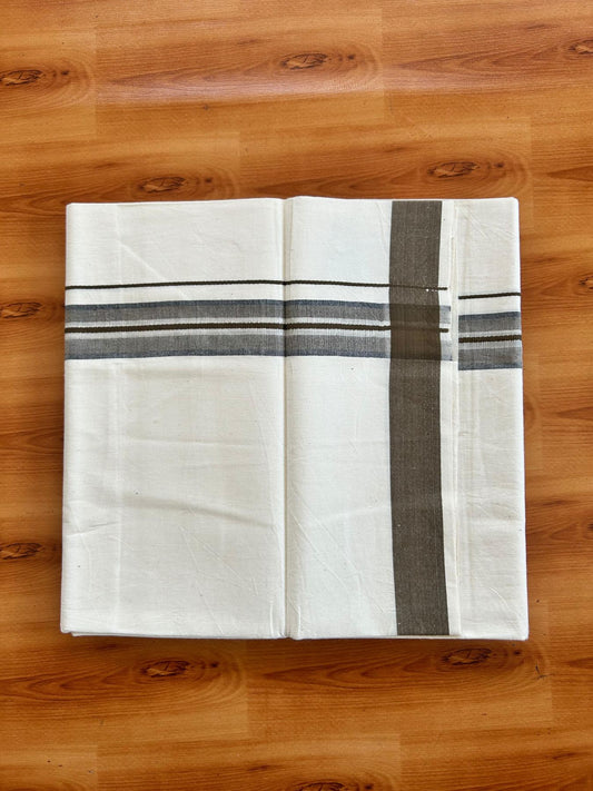 Single Off White (Unbleached) Mundu/Dhoti - 36% DISCOUNT!! KaithariKada Balaramapuram 100% Cotton - Twisted 60s Thread - 1.25 inch Silver Kasav Black & Brown Shaded Striped Kara (2 meter / 4 muzham) - 27 KK5495 GL