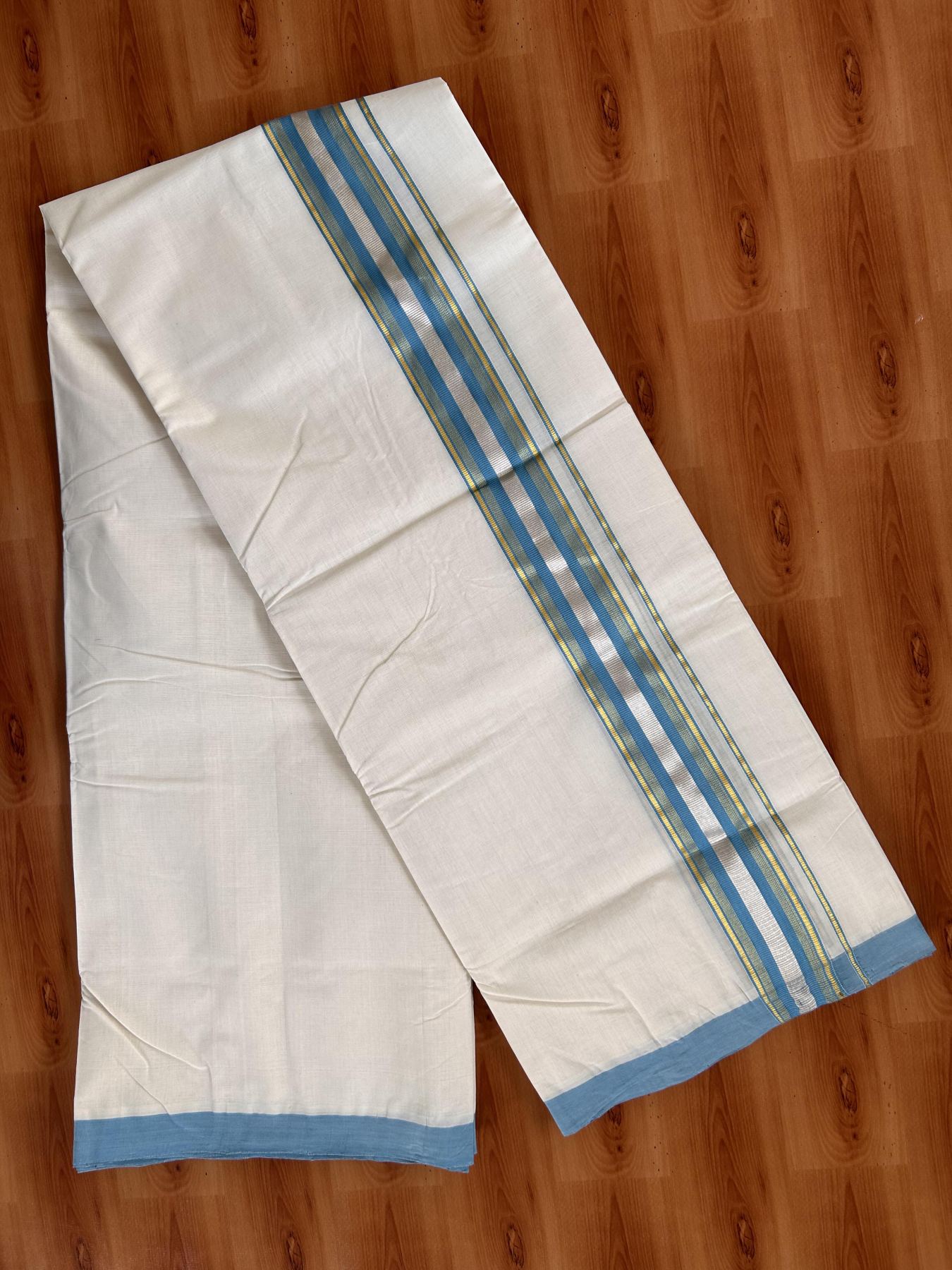 Double Off White (Unbleached) Mundu/Dhoti - 25% Discount! KaithariKada Handloom Millpaav - Kerala Handloom - Cotton - 80x90 - 2 inch Gold & Silver Kasav Striped & Sky Blue Kara 4 meter (8.5 Muzham) - 6 KK5430 RAM