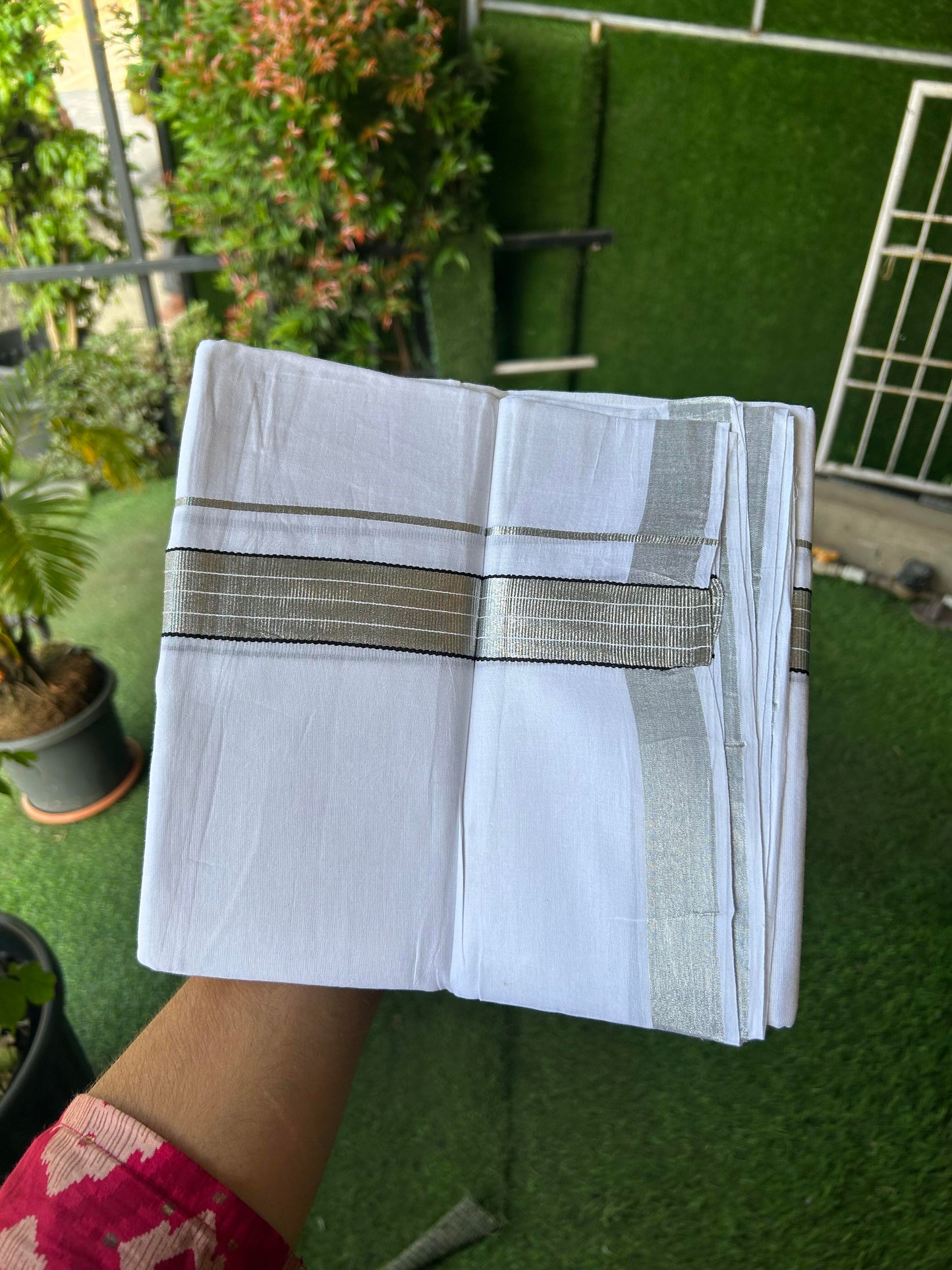 20% Discount! KaithariKada Balaramapuram 100% Cotton Double Pure white Mundu/Dhoti- 80s - 1.25 inch Silver Kasav & Black Kara - Between3.80-3.95m ( 8 muzham) - 6 KK5355 CKS
