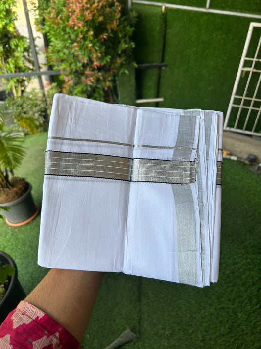 20% Discount! KaithariKada Balaramapuram 100% Cotton Double Pure white Mundu/Dhoti- 80s - 1.25 inch Silver Kasav & Black Kara - Between3.80-3.95m ( 8 muzham) - 6 KK5355 CKS