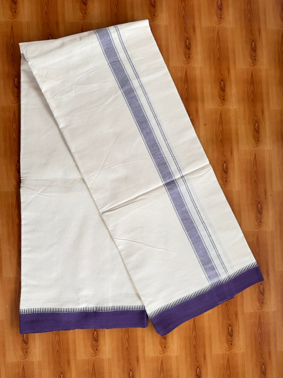 Single Off White Mund / Dhoti - Pure Combed Cotton Kaitharikada Pulimood Special - 2/40s Twisted Warp x 20s Weft - 1 inch Violet Striped Kara Off White Body Kuppadam Border (2 meter / 4 muzham) - 4 KK8095 MRH