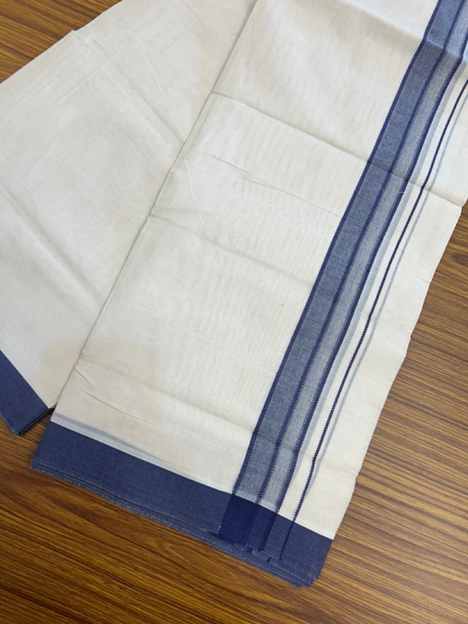 20% Discount! KaithariKada Balaramapuram 100%  Cotton Off White Double - (Unbleached) Mundu/Dhoti - 100X80 - 1.5 inch Navy Blue Shaded Striped Kara - 4 Mtr (8.5 Muzham) - 103 KK5294 THI