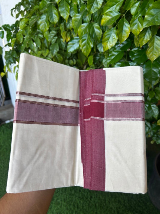 NEW !! 20% DISCOUNT!! KaithariKada Balaramapuram 100% Cotton Double Off white - (Unbleached) Mundu/Dhoti-100x80 - 1.5 inch Silver Kasavu & Maroon Shaded Striped KARA - 3.75 mtr (8 Muzham) - 22KK5218 ASH
