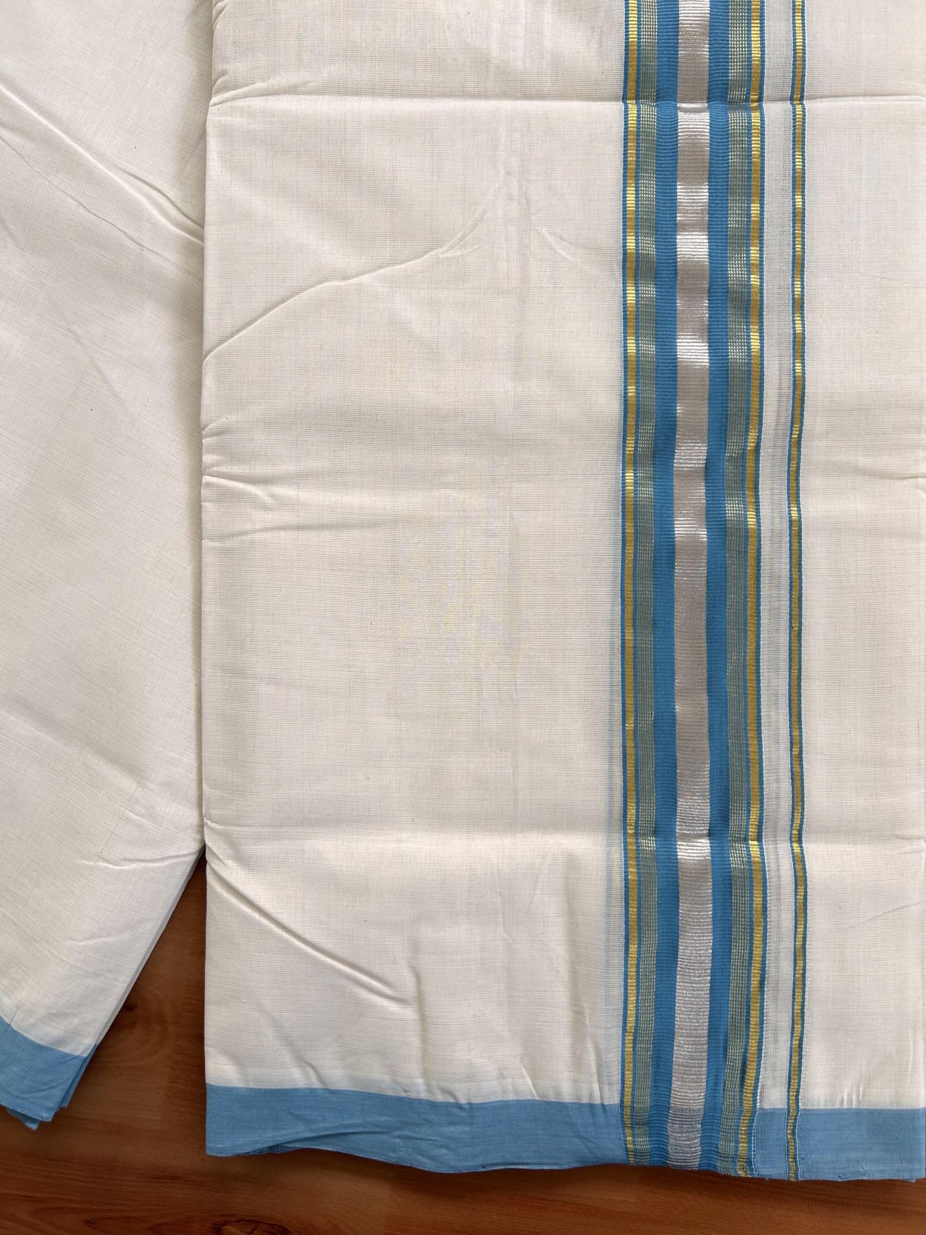Double Off White (Unbleached) Mundu/Dhoti - 25% Discount! KaithariKada Handloom Millpaav - Kerala Handloom - Cotton - 80x90 - 2 inch Gold & Silver Kasav Striped & Sky Blue Kara 4 meter (8.5 Muzham) - 6 KK5430 RAM