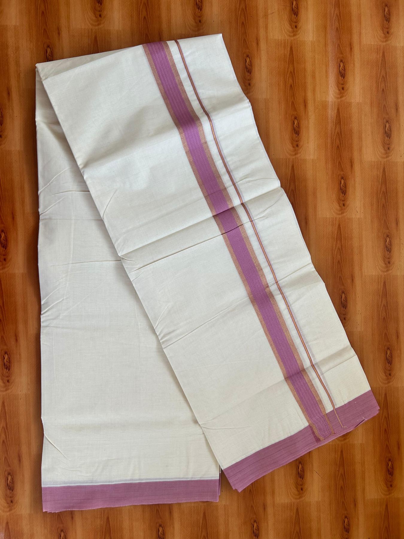 Double Off White (Unbleached) Mundu/Dhoti - 20% Discount! Kaitharikada Pure Cotton - 80x80 - 1.5 Inch Gold Kasav & Rose Pink Kara 4 mtr (8.5 muzham) - 14 KK5478 MRH