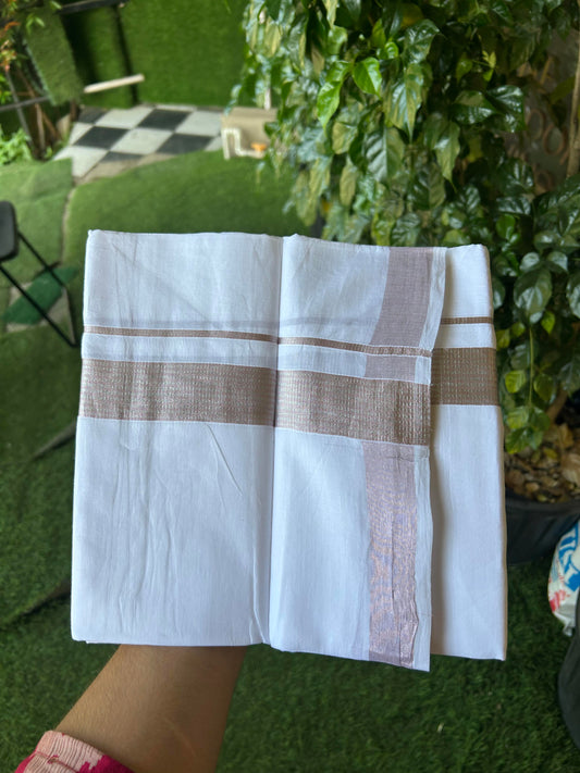 20% Discount! KaithariKada Balaramapuram 100% Cotton Double Pure white Mundu/Dhoti- 100X80 - 1.5 inch Silver Kasav & Rose Pink kasav Stripes Kara - Between3.80-3.95m (8 muzham) - 8 KK5355 CKS