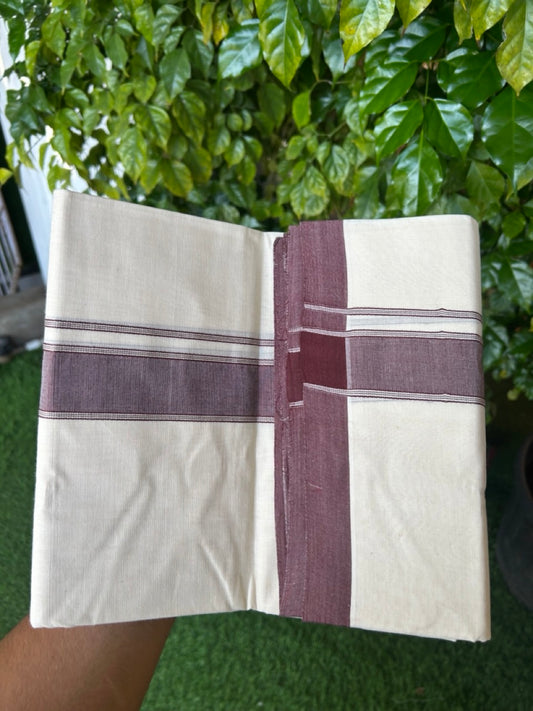 NEW !! 20% DISCOUNT!! KaithariKada Balaramapuram 100% Cotton Double Off white - (Unbleached) Mundu/Dhoti-100x80 - 1.5 inch Brown Shaded Striped KARA - 3.75 mtr (8 Muzham) - 8KK5218 ASH