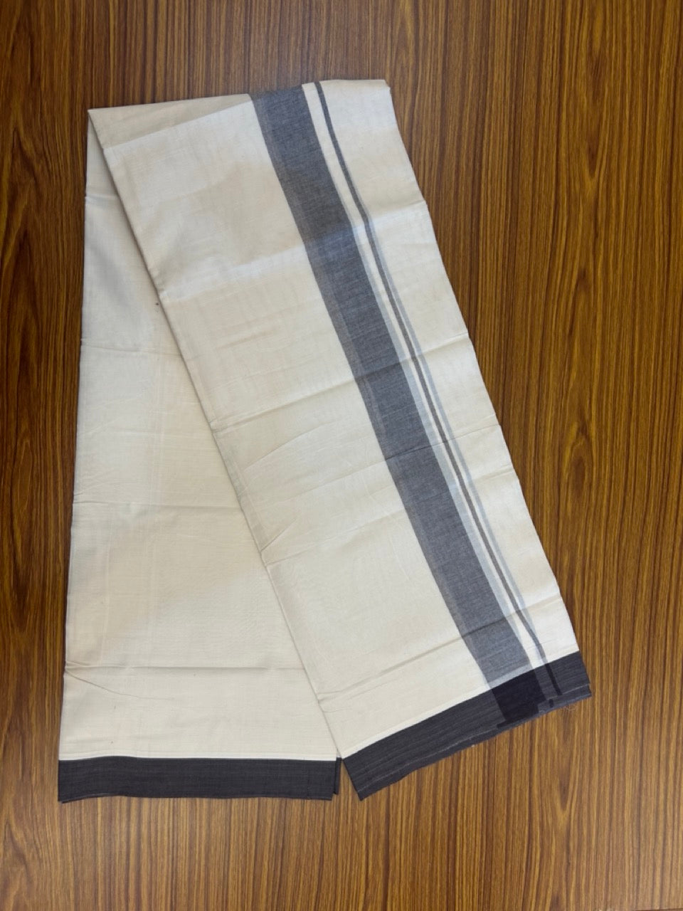 20% Discount! KaithariKada Balaramapuram 100%  Cotton Off White Double - (Unbleached) Mundu/Dhoti - 100X80 - 1.75 inch Dark Brown Shaded Kara - 4 Mtr (8.5 Muzham) - 107 KK5294 THI