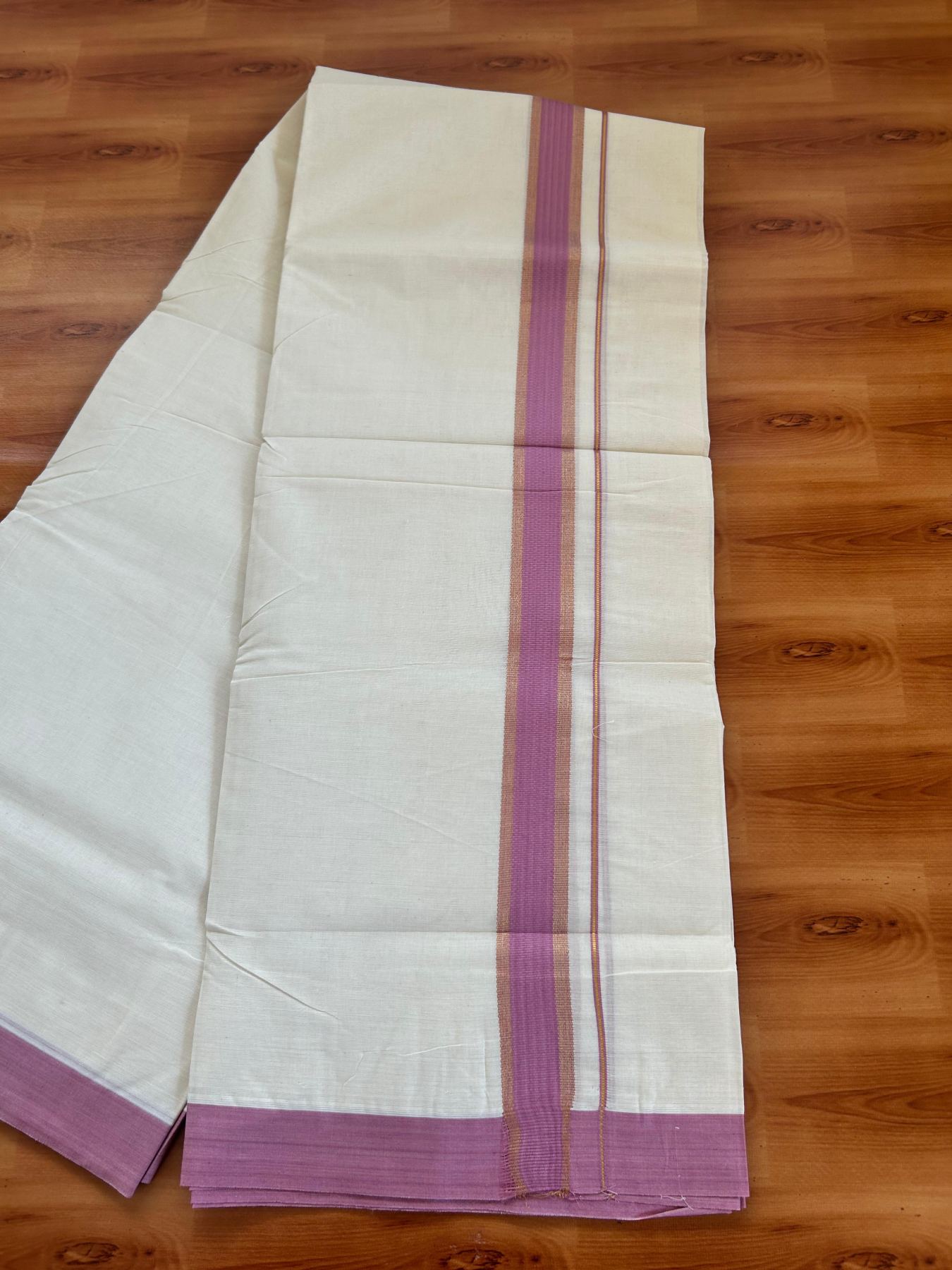 Double Off White (Unbleached) Mundu/Dhoti - 20% Discount! Kaitharikada Pure Cotton - 80x80 - 1.5 Inch Gold Kasav & Rose Pink Kara 4 mtr (8.5 muzham) - 14 KK5478 MRH