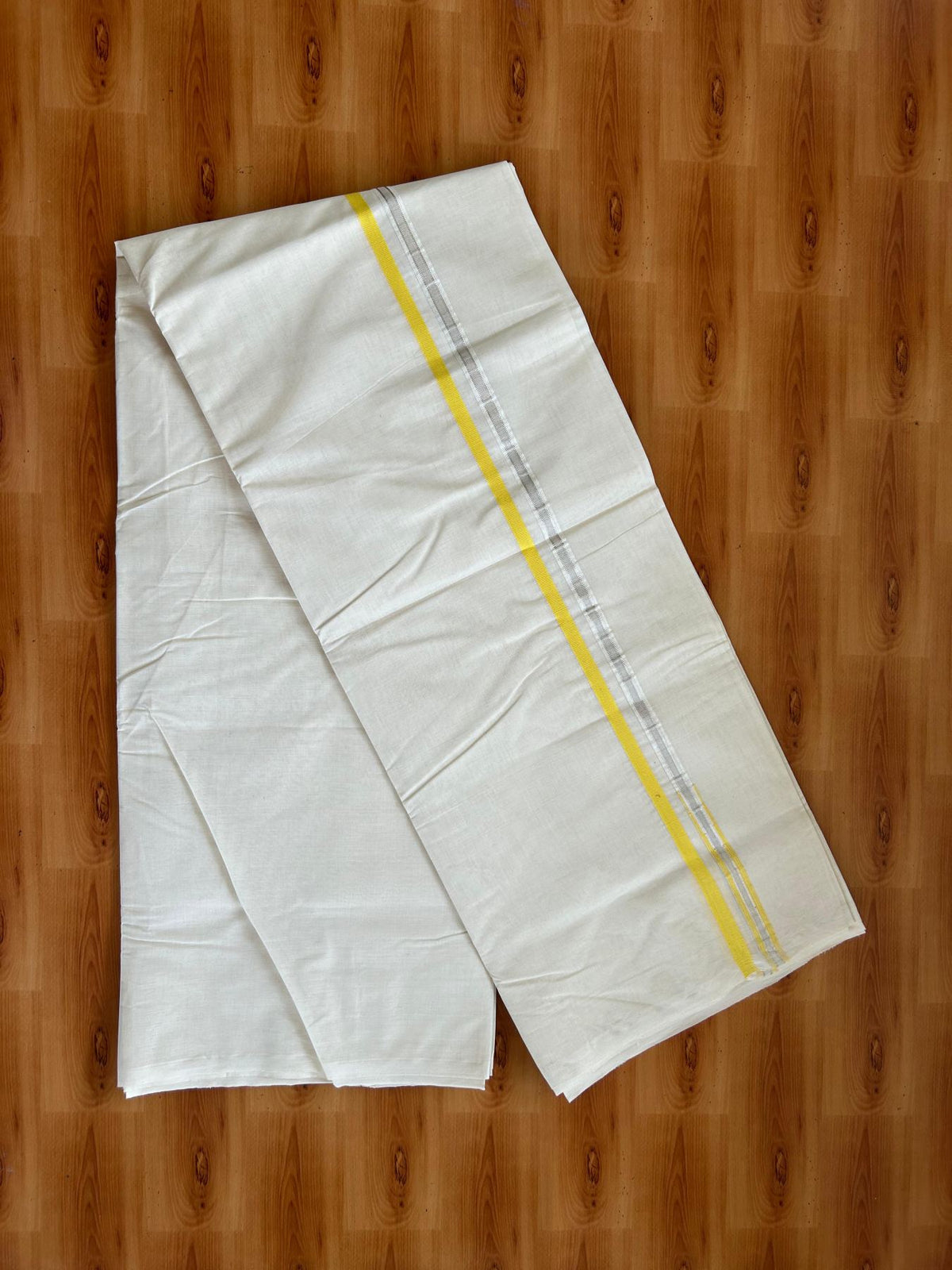 Double Off White (Unbleached) Mundu/Dhoti - 20% Discount!! KaithariKada Pulimood 100% Cotton 100x100 - 1 cm Puliyilakkara Silver Kasav & Yellow Striped Chutty Kara - 4 mtr (8.5 muzham) - 11 KK5546 ASH