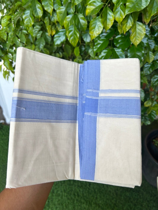 NEW !! 20% DISCOUNT!! KaithariKada Balaramapuram 100% Cotton Double Off white - (Unbleached) Mundu/Dhoti-100x80 - 1.75 inch Lavender Blue Shaded Striped KARA - 3.75 mtr (8 Muzham) - 7KK5218 ASH