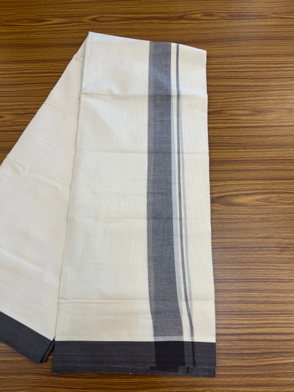 20% Discount! KaithariKada Balaramapuram 100%  Cotton Off White Double - (Unbleached) Mundu/Dhoti - 100X80 - 1.75 inch Dark Brown Shaded Kara - 4 Mtr (8.5 Muzham) - 107 KK5294 THI