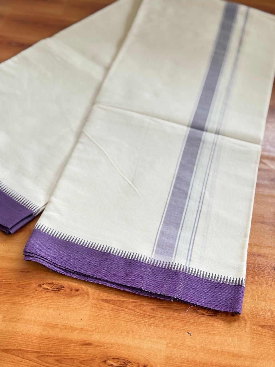 Single Off White Mund / Dhoti - Pure Combed Cotton Kaitharikada Pulimood Special - 2/40s Twisted Warp x 20s Weft - 1 inch Violet Striped Kara Off White Body Kuppadam Border (2 meter / 4 muzham) - 4 KK8095 MRH