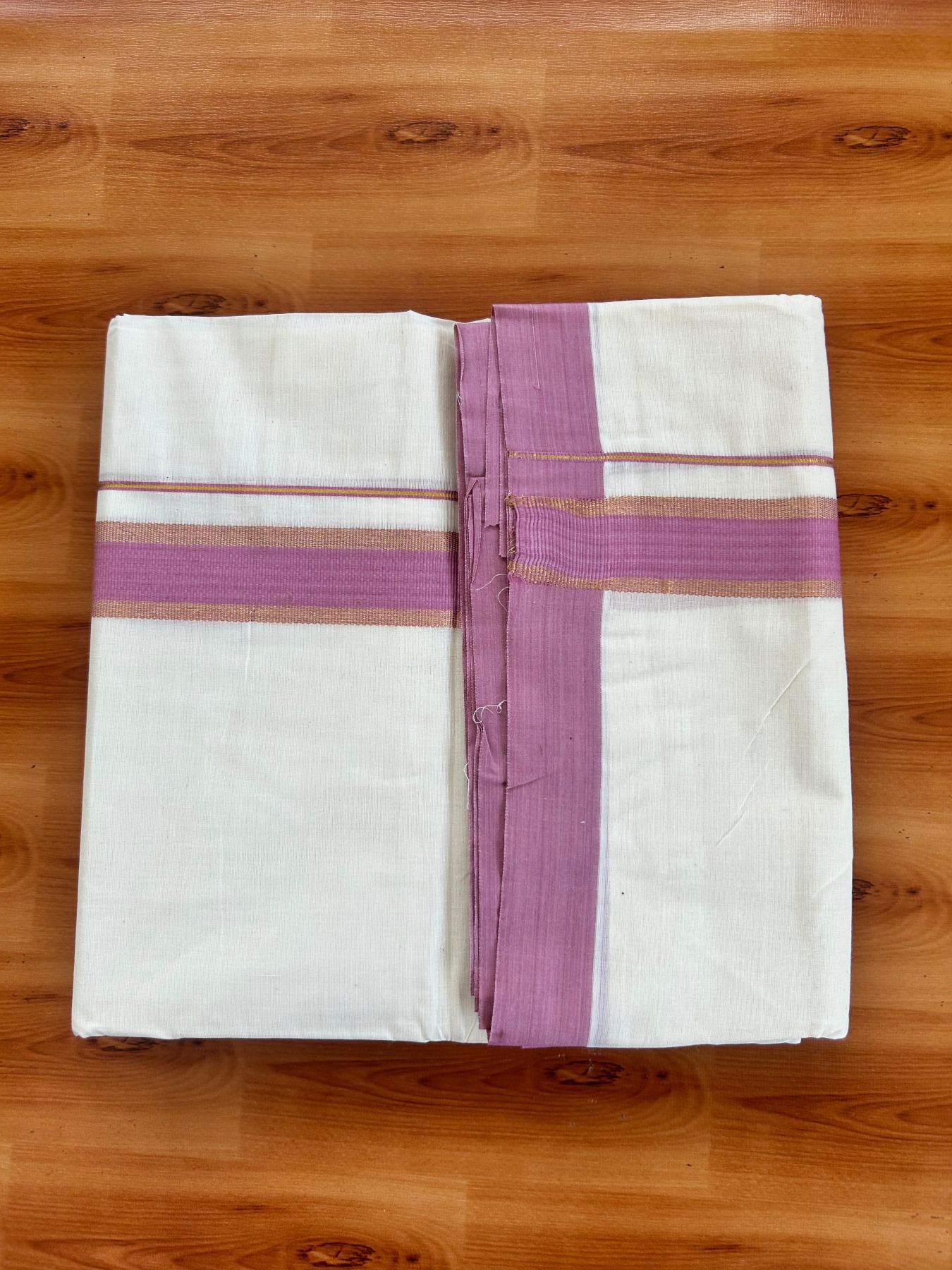 Double Off White (Unbleached) Mundu/Dhoti - 20% Discount! Kaitharikada Pure Cotton - 80x80 - 1.5 Inch Gold Kasav & Rose Pink Kara 4 mtr (8.5 muzham) - 14 KK5478 MRH