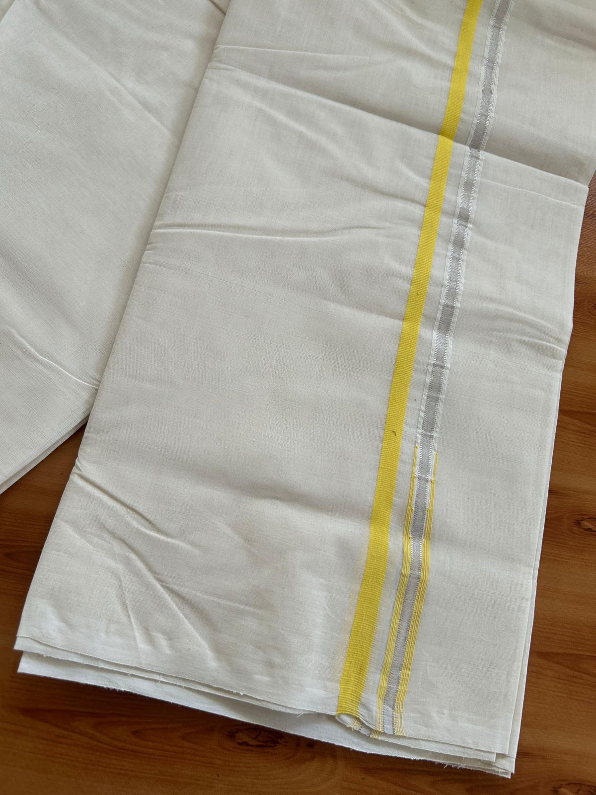 Double Off White (Unbleached) Mundu/Dhoti - 20% Discount!! KaithariKada Pulimood 100% Cotton 100x100 - 1 cm Puliyilakkara Silver Kasav & Yellow Striped Chutty Kara - 4 mtr (8.5 muzham) - 11 KK5546 ASH