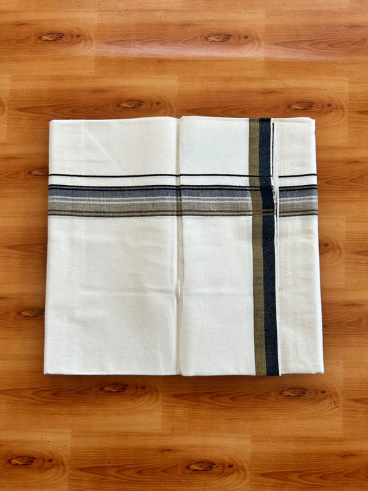 Single Off White (Unbleached) Mundu/Dhoti - 36% DISCOUNT!! KaithariKada Balaramapuram 100% Cotton - Twisted 60s Thread - 1.25 inch Silver Kasav Black & Brown Shaded Striped Kara (2 meter / 4 muzham) - 26 KK5495 GL