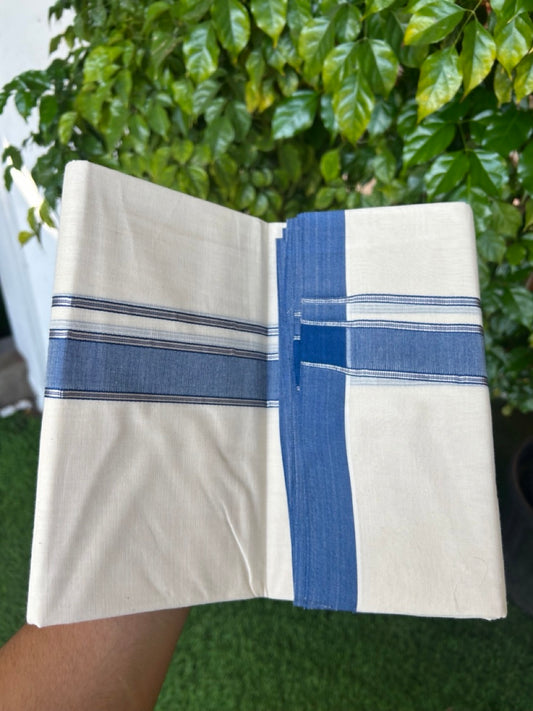 NEW !! 20% DISCOUNT!! KaithariKada Balaramapuram 100% Cotton Double Off white - (Unbleached) Mundu/Dhoti-100x80 - 1.25 inch Silver Kasavu & Blue Shaded Striped KARA - 3.75 mtr (8 Muzham) - 17KK5218 ASH