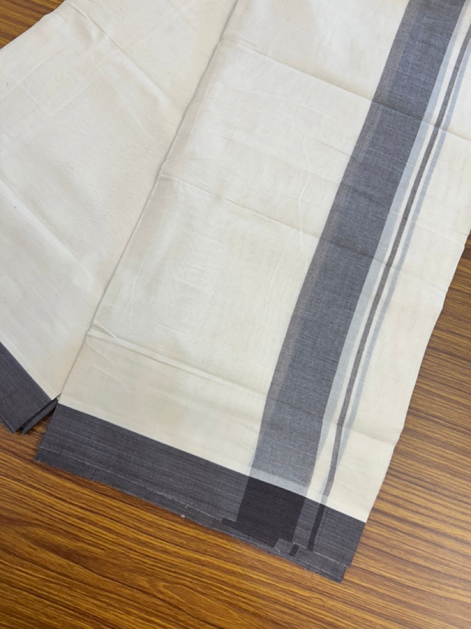 20% Discount! KaithariKada Balaramapuram 100%  Cotton Off White Double - (Unbleached) Mundu/Dhoti - 100X80 - 1.75 inch Dark Brown Shaded Kara - 4 Mtr (8.5 Muzham) - 107 KK5294 THI