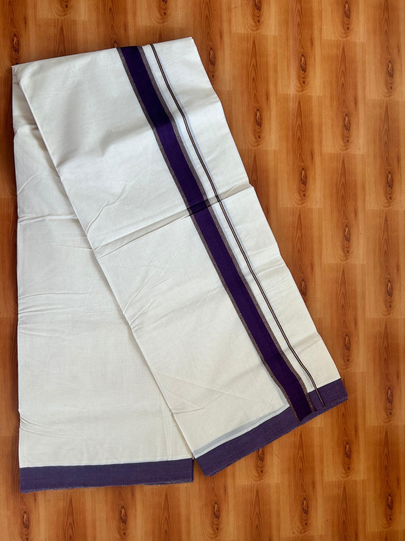 Double Off White (Unbleached) Mundu/Dhoti - 20% Discount! Kaitharikada Pure Cotton - 80x80 - 1.5 Inch Gold Kasav & Dark Purple Kara 4 mtr (8.5 muzham) - 15 KK5478 MRH