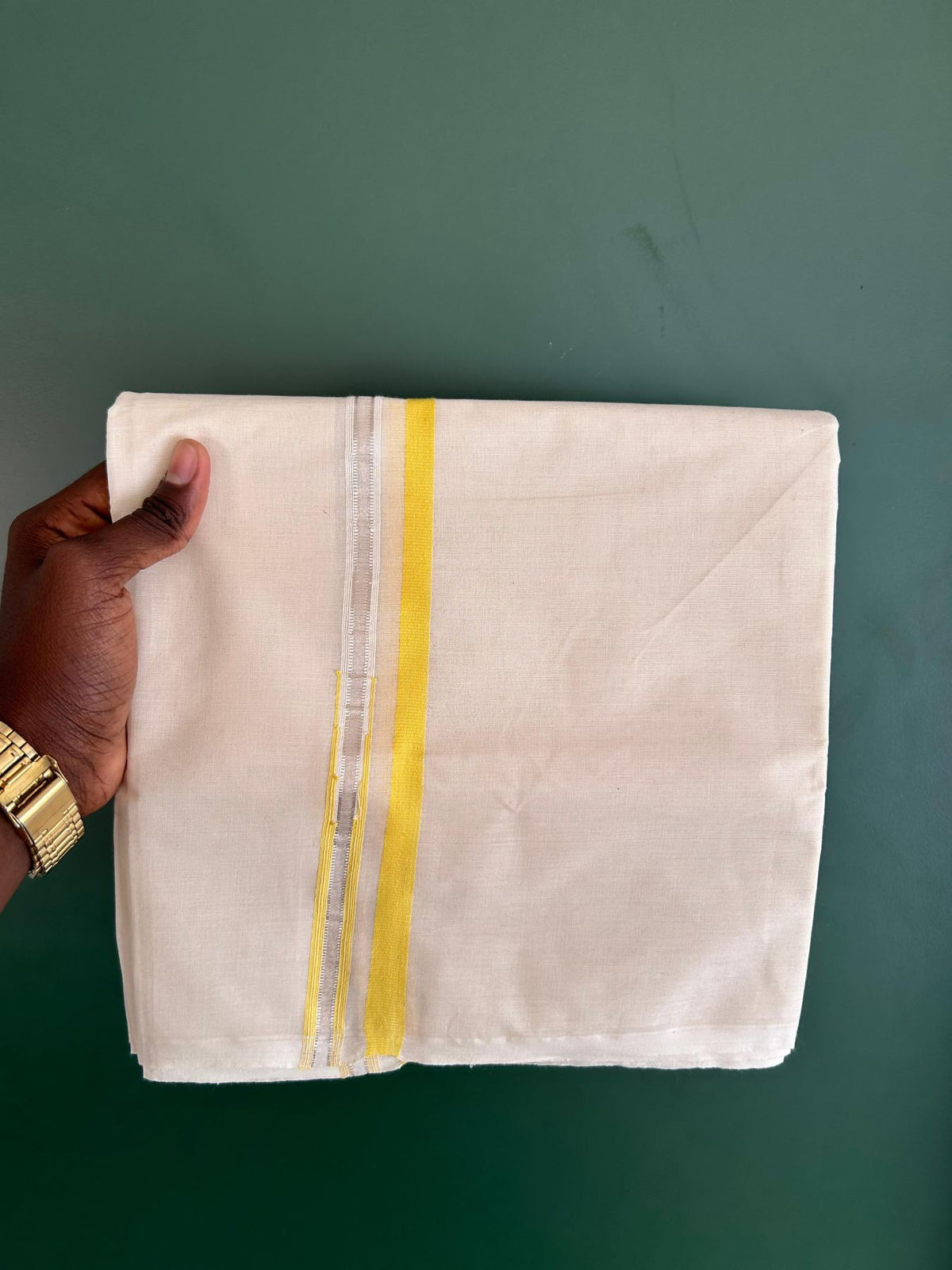 Double Off White (Unbleached) Mundu/Dhoti - 20% Discount!! KaithariKada Pulimood 100% Cotton 100x100 - 1 cm Puliyilakkara Silver Kasav & Yellow Striped Chutty Kara - 4 mtr (8.5 muzham) - 11 KK5546 ASH