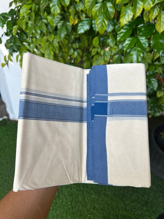 NEW !! 20% DISCOUNT!! KaithariKada Balaramapuram 100% Cotton Double Off white - (Unbleached) Mundu/Dhoti-100x80 - 1.25 inch Blue Shaded Striped KARA - 3.75 mtr (8 Muzham) - 15KK5218 ASH