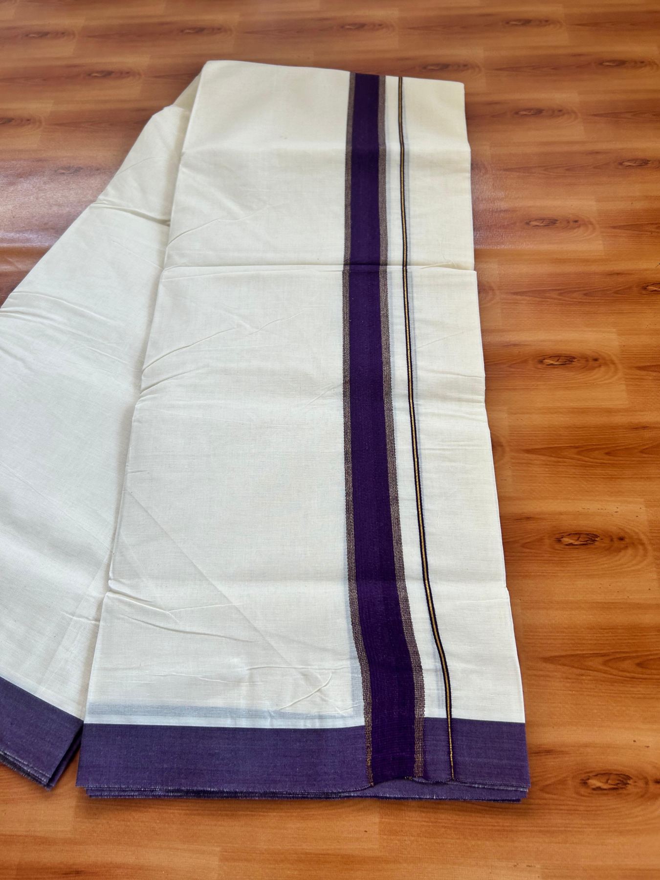 Double Off White (Unbleached) Mundu/Dhoti - 20% Discount! Kaitharikada Pure Cotton - 80x80 - 1.5 Inch Gold Kasav & Dark Purple Kara 4 mtr (8.5 muzham) - 15 KK5478 MRH