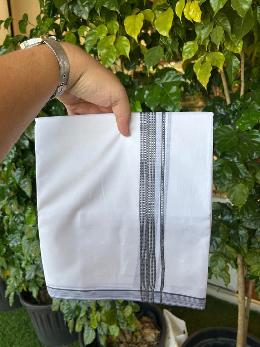 20% Discount! KaithariKada Balaramapuram 100% Cotton Double Pure white Mundu/Dhoti- 100X80 - 1 inch Ash Grey & Silver Kasav Stripes Kara - Between3.80-3.95m (8 muzham) - 30 KK5355 CKS