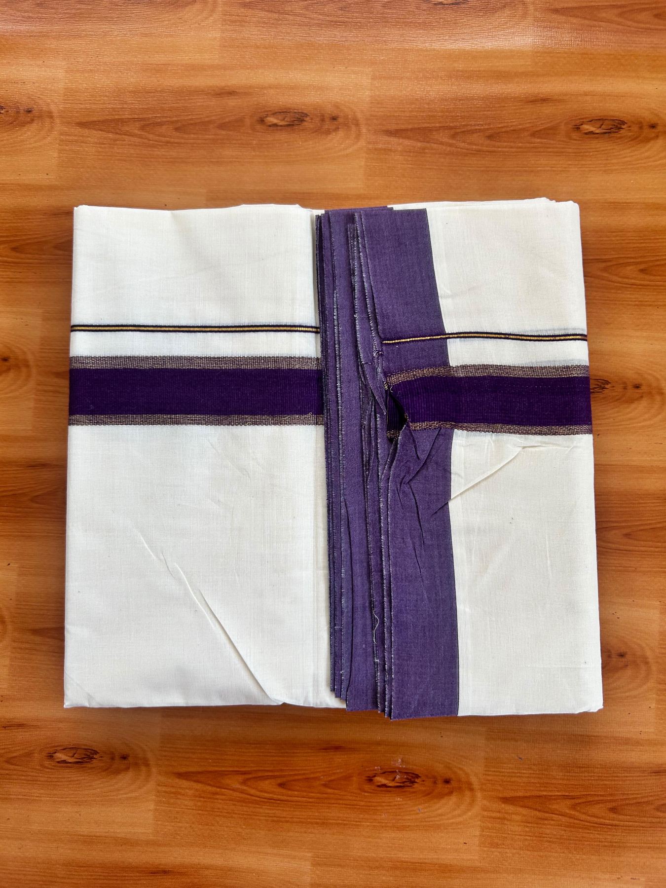 Double Off White (Unbleached) Mundu/Dhoti - 20% Discount! Kaitharikada Pure Cotton - 80x80 - 1.5 Inch Gold Kasav & Dark Purple Kara 4 mtr (8.5 muzham) - 15 KK5478 MRH
