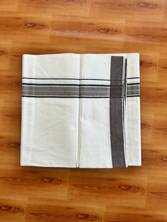 Single Off White (Unbleached) Mundu/Dhoti - 36% DISCOUNT!! KaithariKada Balaramapuram 100% Cotton - Twisted 60s Thread - 1.25 inch Silver Kasav Brown Shaded Striped Kara (2 meter / 4 muzham) - 25 KK5495 GL