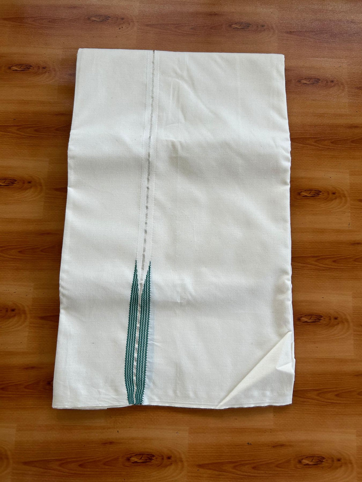 Single Off White (Unbleached) Mundu/Dhoti - 20% Discount!! KaithariKada Pulimood 100% Cotton 100s Twisted - 1.5 cm Puliyilakkara Silver Kasav & Teel Green Striped Chutty Kara - 2 mtr (5 muzham) - 4 KK5546 ASH