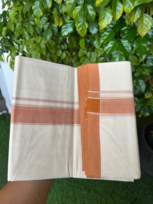 NEW !! 20% DISCOUNT!! KaithariKada Balaramapuram 100% Cotton Double Off white - (Unbleached) Mundu/Dhoti-100x80 - 1.5 inch Light Orange Shaded Striped KARA - 3.75 mtr (8 Muzham) - 4KK5218 ASH