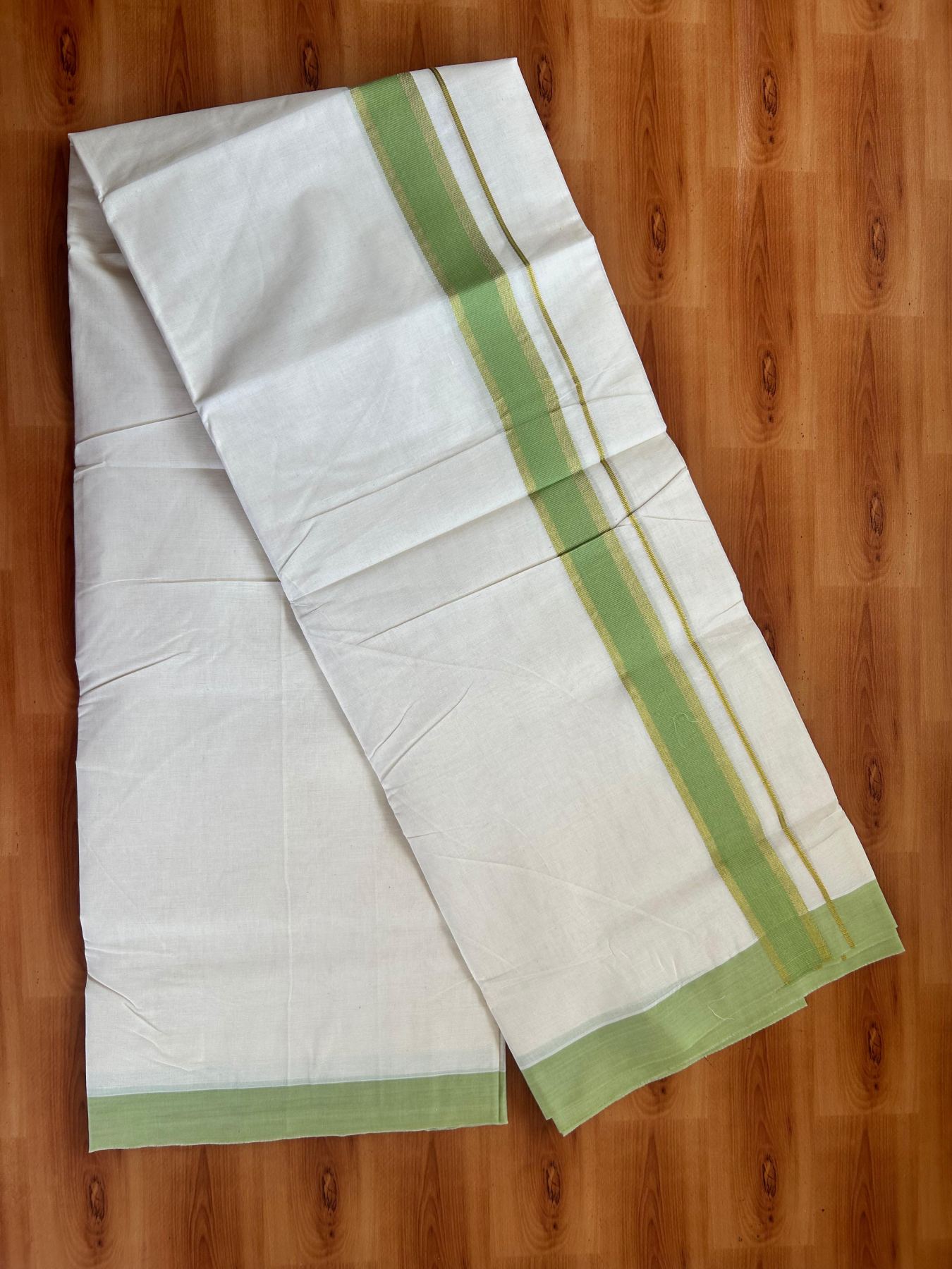 Double Off White (Unbleached) Mundu/Dhoti - 20% Discount! Kaitharikada Pure Cotton - 80x80 - 1.5 Inch Gold Kasav & Light Green Kara 4 mtr (8.5 muzham) - 16 KK5478 MRH